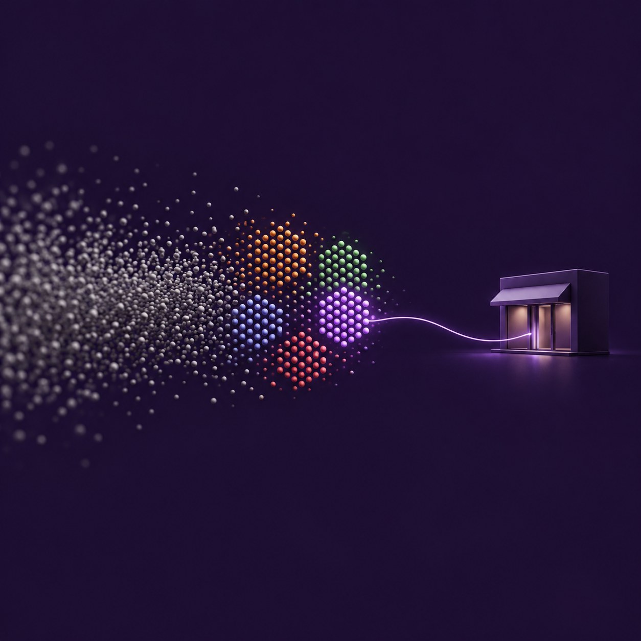 A scattered crowd of grey dots forming colored hexagonal audience clusters, with a line of light from one cluster to a storefront