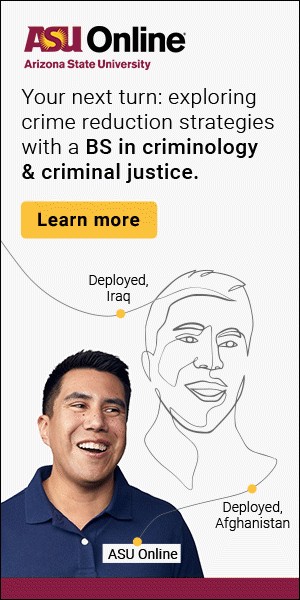 Animated ASU Online display ad: a single hand-drawn line traces a student’s turns, from deployments in Iraq and Afghanistan to ASU Online