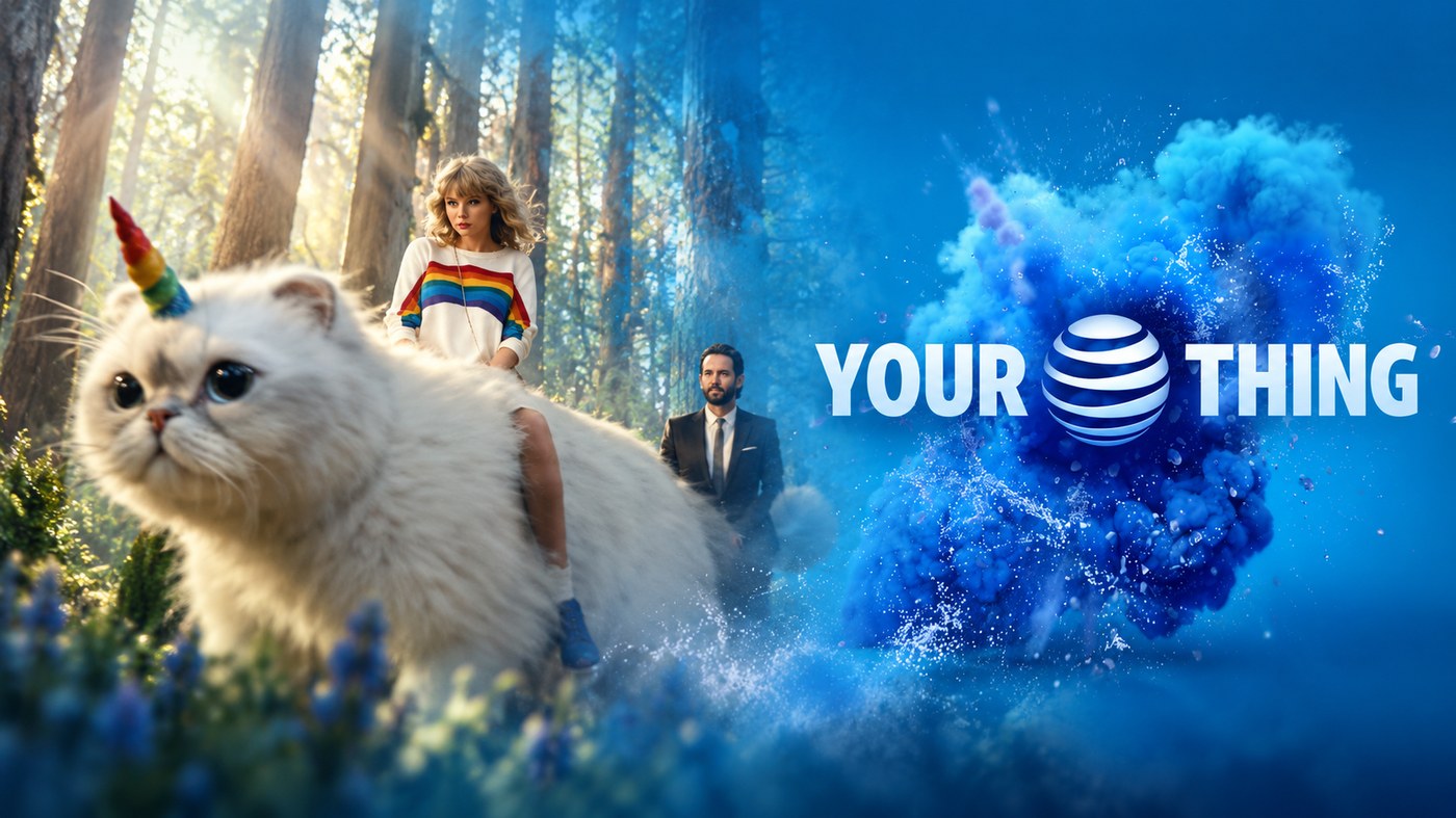 Taylor Swift riding a giant white cat with a unicorn horn, blending into BBDO’s YOUR THING end card with the AT&T globe