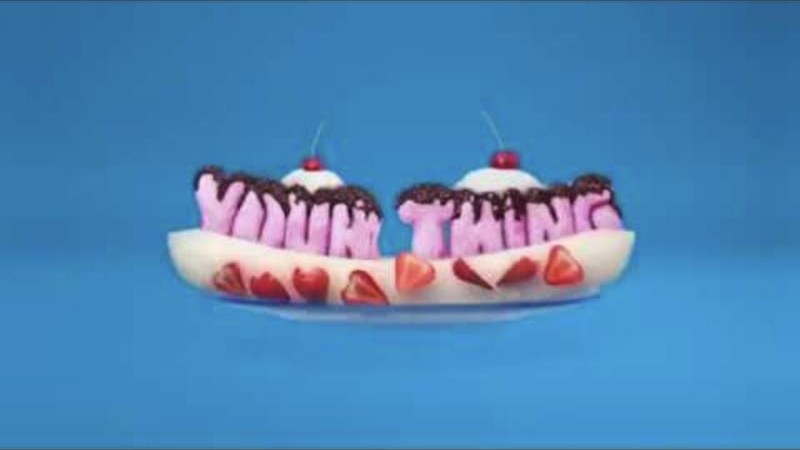 The words Your Thing made of ice cream in a banana split