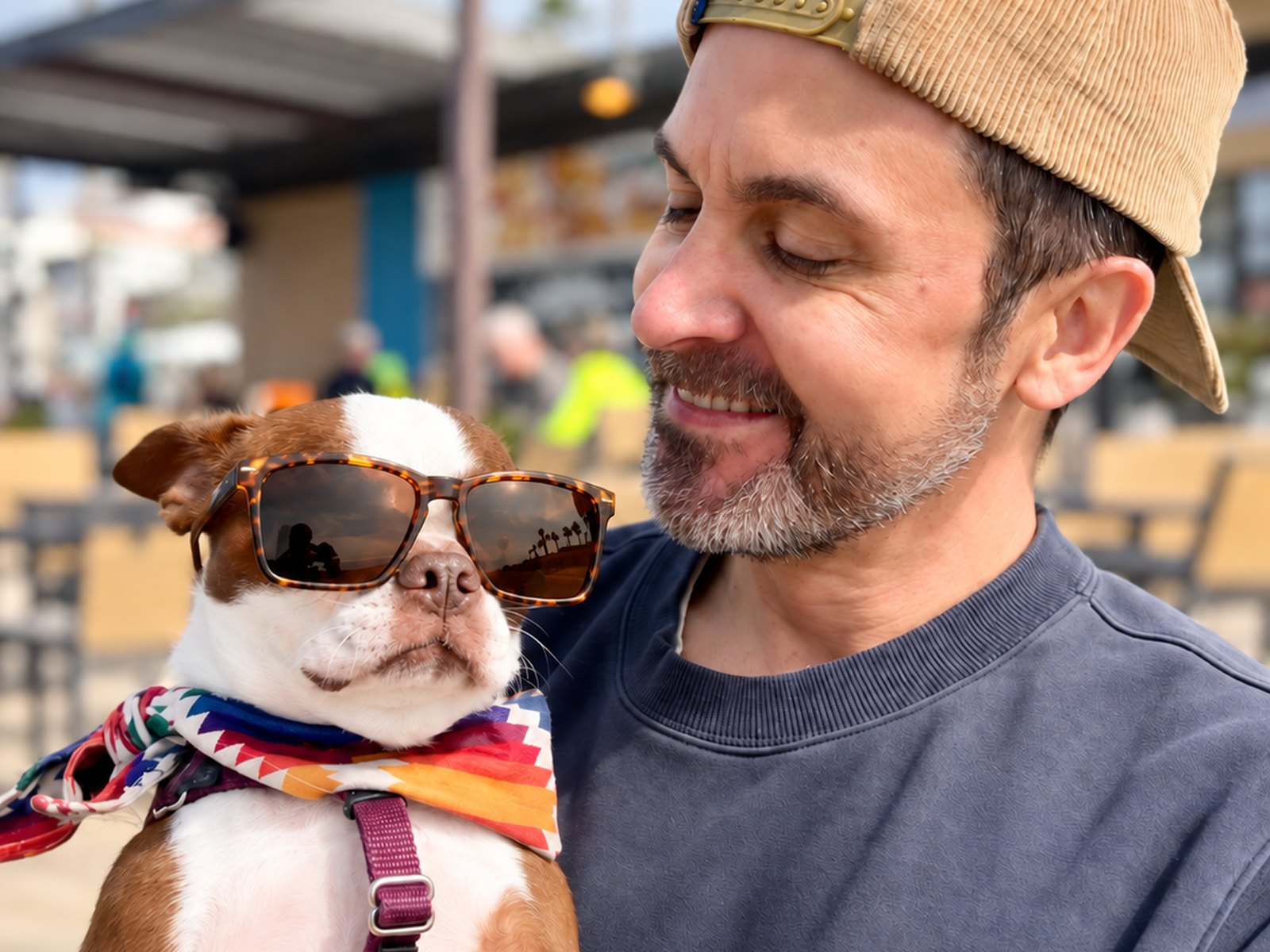 Brandon holding Izzy, his Boston Terrier, who is wearing tortoiseshell sunglasses and a bright bandana