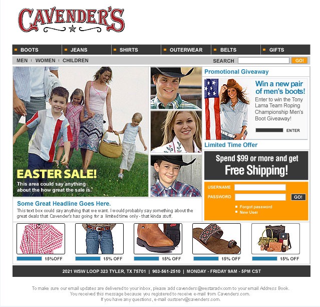Cavender’s website design: navigation by category, Easter sale hero, promotional giveaway, sign-in and a product row