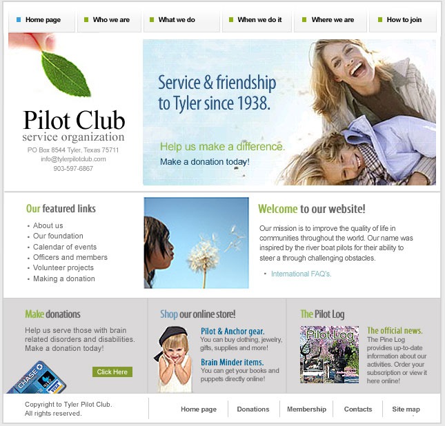 Pilot Club of Tyler website, a chapter of Pilot International: Service and friendship to Tyler since 1938, featured links, donations, online store and newsletter