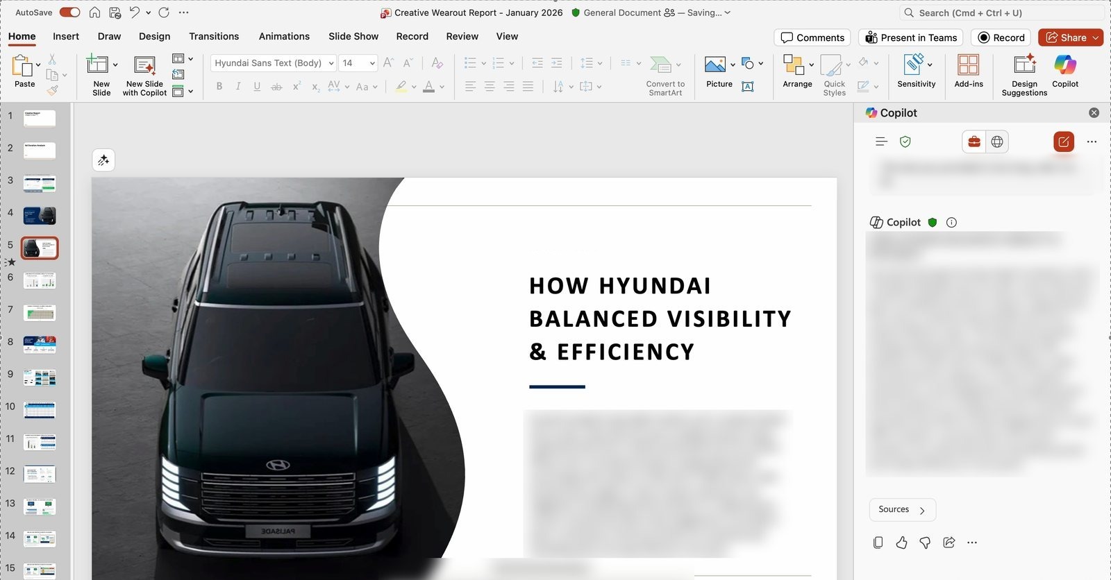 PowerPoint with the Copilot pane open, drafting a Creative Wearout Report for January 2026; client text blurred