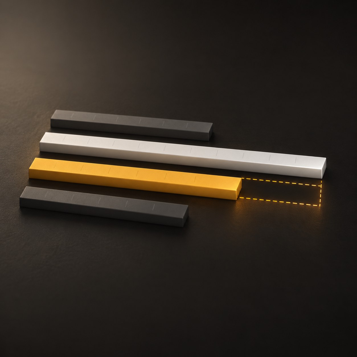 Four bars on a dark surface: the amber bar, you, sits below the white rival bar, with a dashed outline marking the gap to close