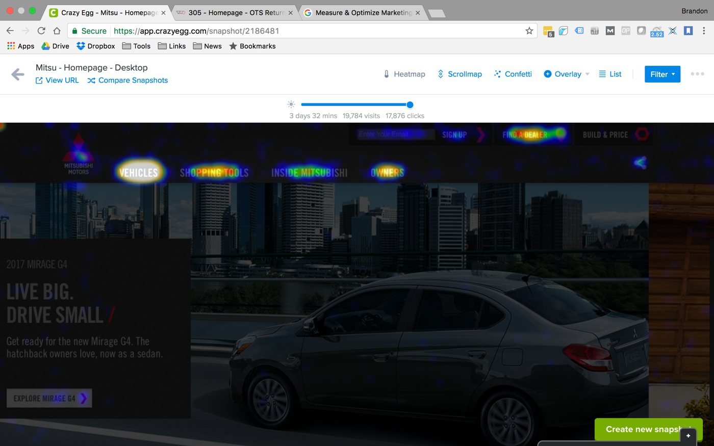 Crazy Egg click heatmap of the Mitsubishi desktop homepage