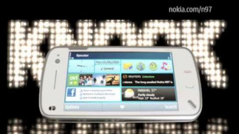 A white Nokia N97 in front of a wall of lights spelling Knock, from the 2009 TV spot