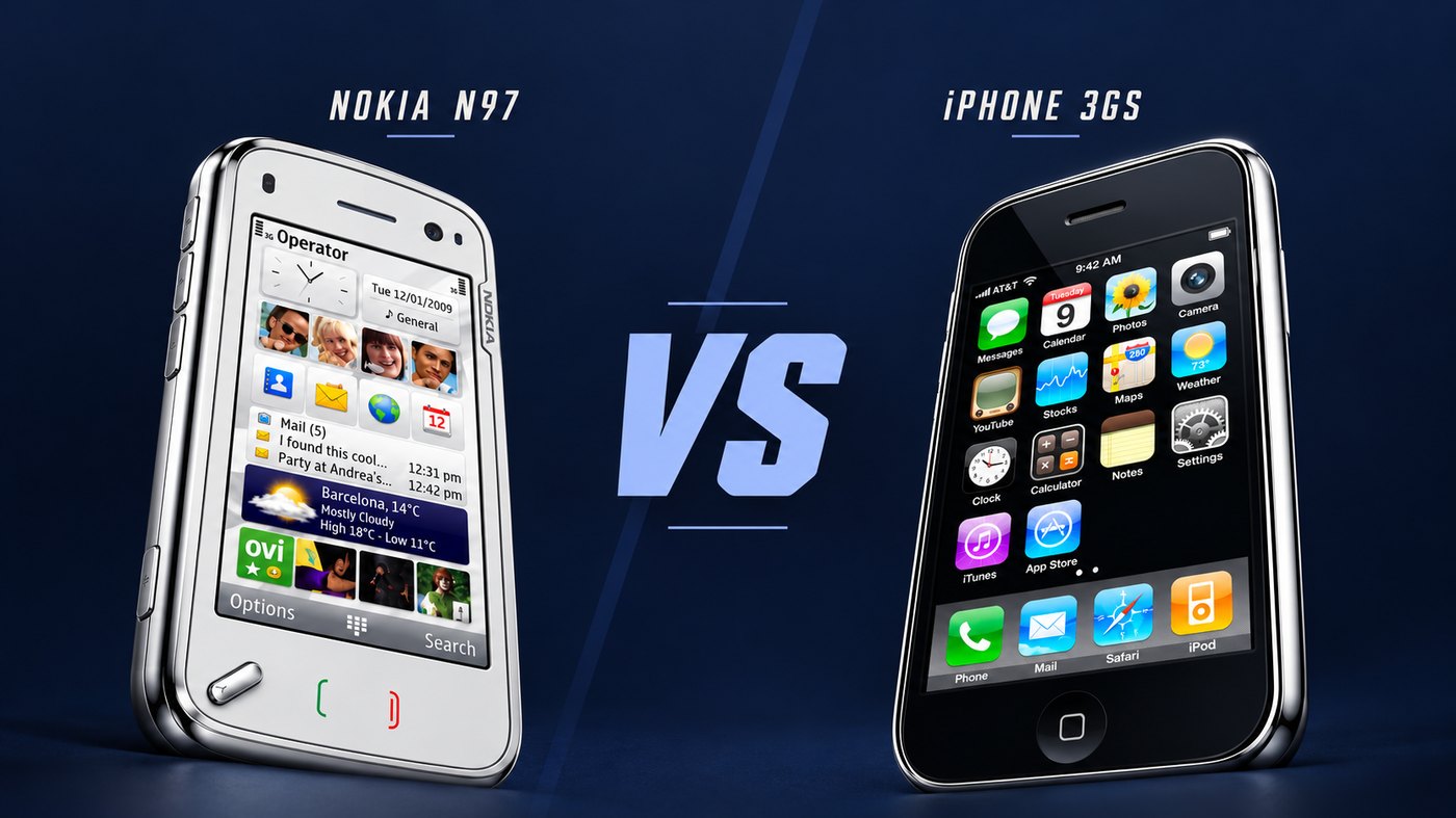 The Nokia N97 beside the iPhone 3GS under the words Nokia N97 vs iPhone 3GS