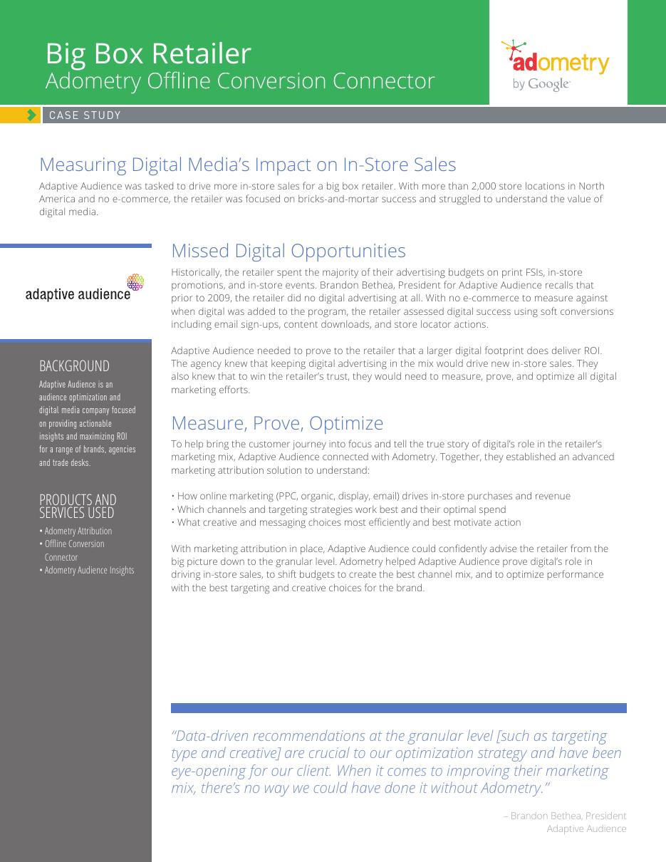 First page of Adometry by Google’s August 2014 Big Box Retailer case study featuring Adaptive Audience