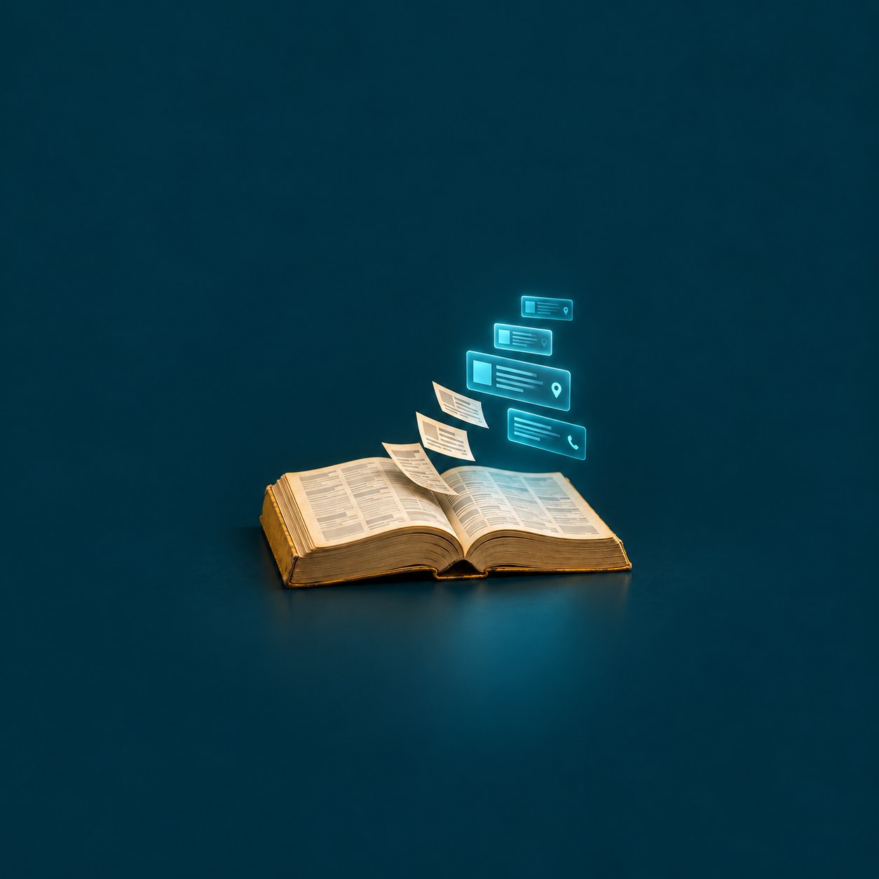 An open printed directory with business listings lifting off the page and becoming glowing digital listing cards