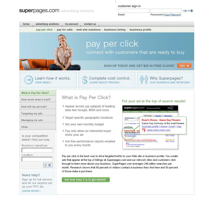 The shipped SuperPages.com pay-per-click product page, with the buyer-question navigation from the wireframe