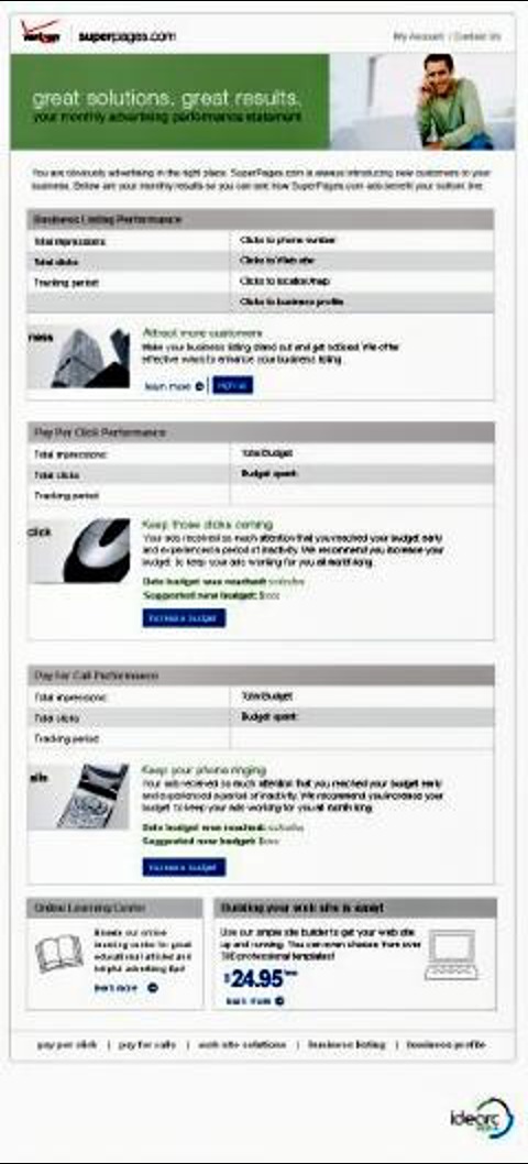 SuperPages monthly advertising performance statement template with business listing, pay-per-click and pay-per-call modules, budget recommendations and upgrade offers