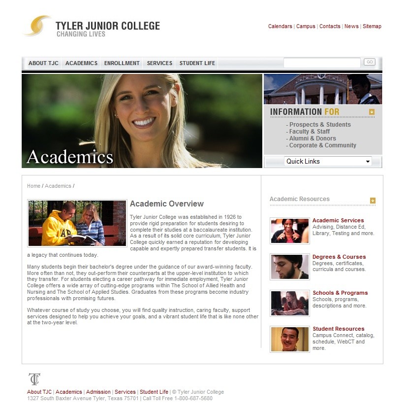 Tyler Junior College Academics page from my redesign: one college template with navigation by audience and academic resources