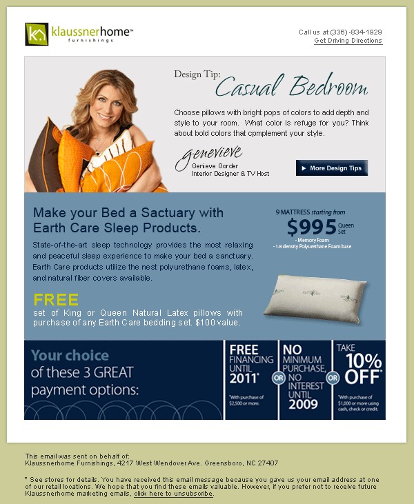 Klaussner Home Furnishings email: a design tip from an interior designer, Earth Care sleep products and three payment options